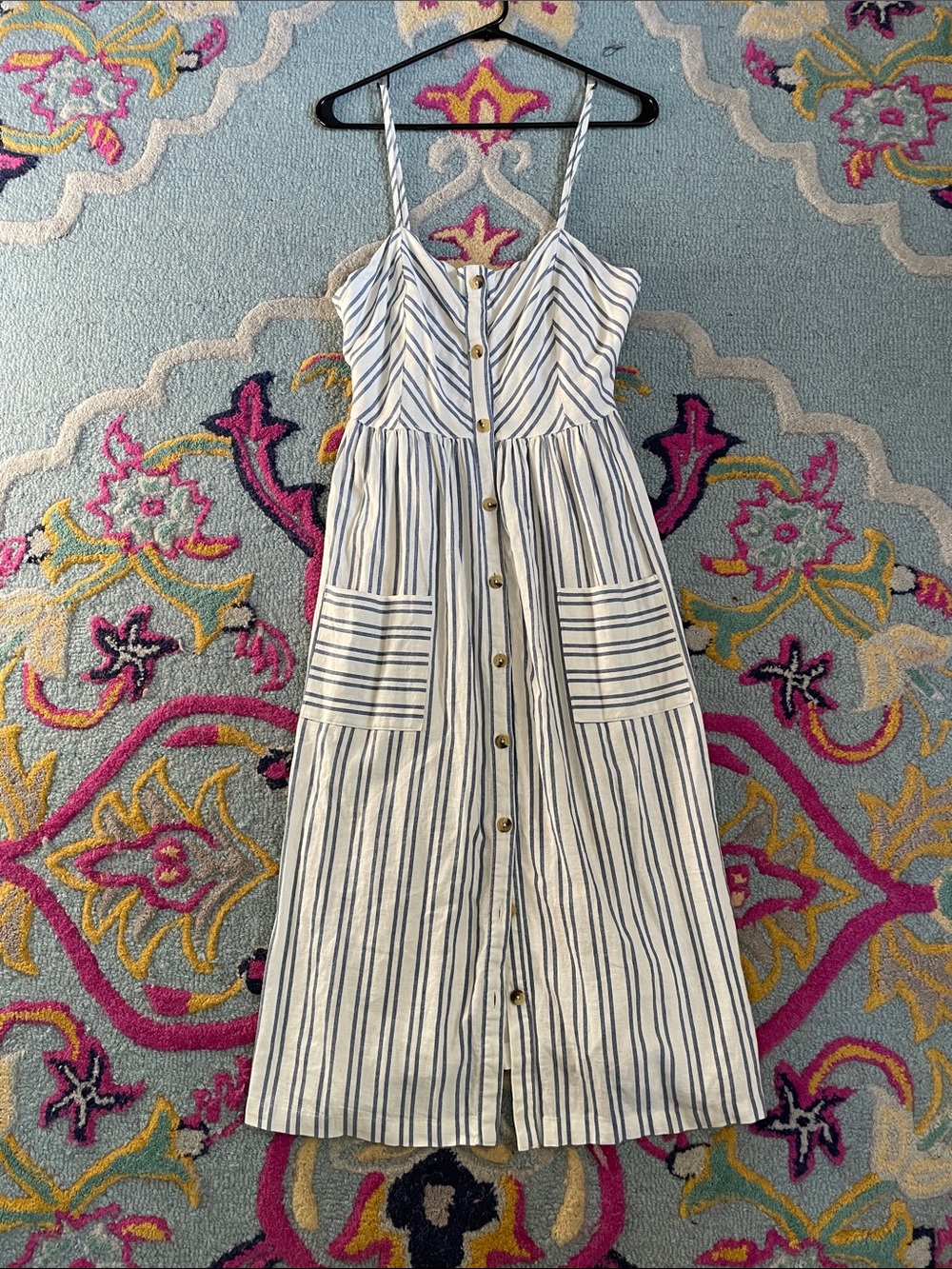 Altar’s State Striped Linen Button-Front Midi Sundress - White & Navy